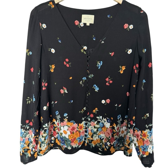 Sézane Heloise Blouse Boudoir Black Floral Long Sleeve Button Front Top US 6 Med - Picture 2 of 9